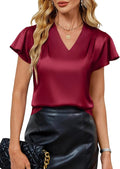 Elegant Satin V Neck Ruffle Blouse