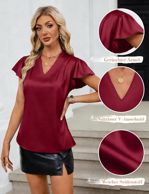 Elegant Satin V Neck Ruffle Blouse